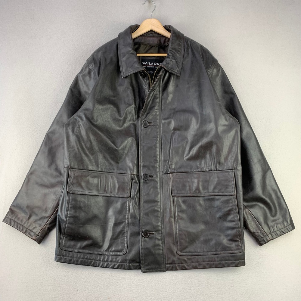 VTG Wilsons Leather Barn Jacket Mens Large Brown Leather Full Zip Button‎ Coat